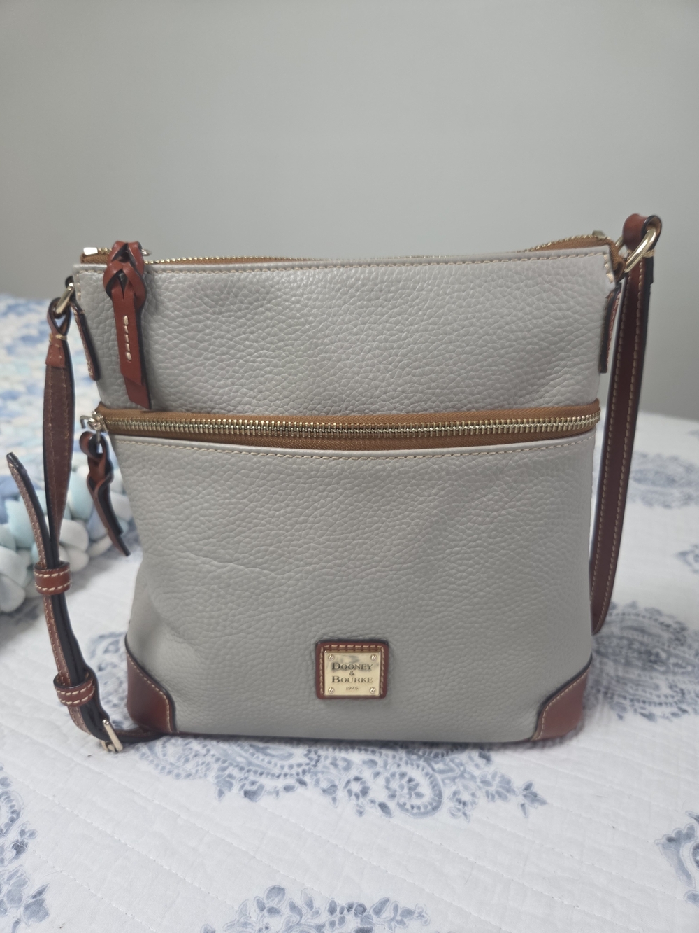 Dooney & Bourke Light Gray Pebble Leather Crossbody with Brown Trim